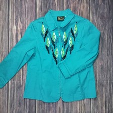 Bob Mackie Wearable Art Coat/Jacket Zip Up Turquoise Women's Large Embriodered