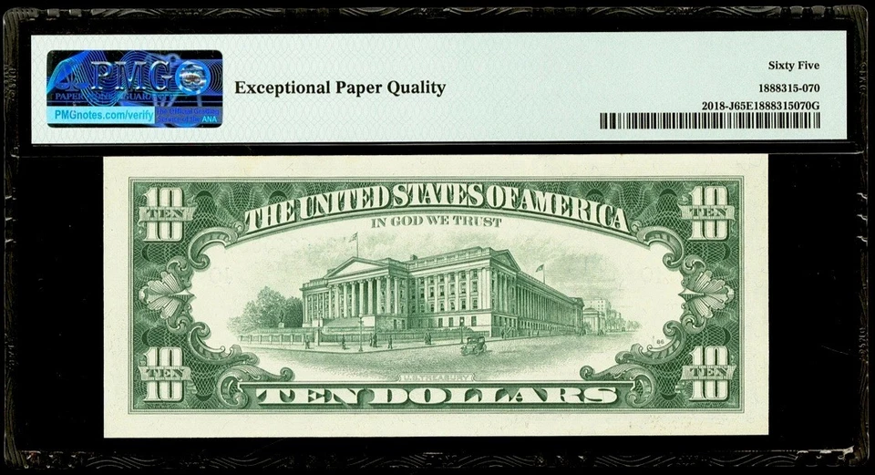 1969 $10 Dollar Federal Reserve Note Kansas PMG 65 EPQ Gem Unc Serial J22696000A - Image 2 of 2