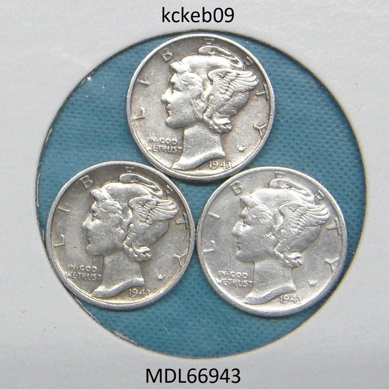 Mercury dime lot of 3, 1943-D, 1943-P, 1943-S.  90% silver coins