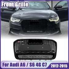 Glossy Black Front Honeycomb Grille W/Quattro For 12-15 Audi A6/S6 C7 RS6 Style
