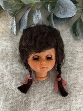 Vintage Doll Head Replacement Repair Dark Hair Sleepy Blue Eyes Pigtails 60s 70s