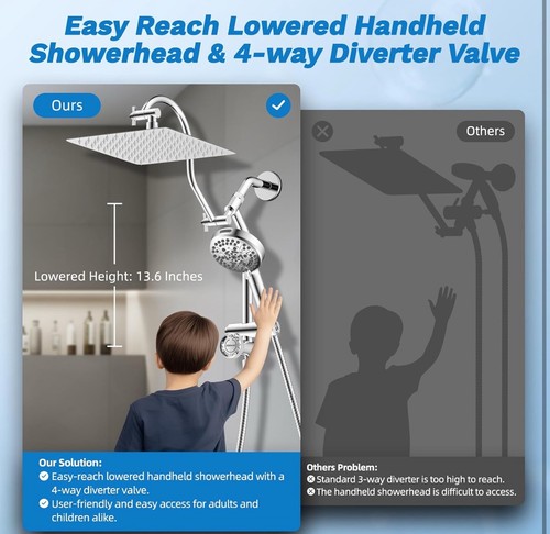 Hibbent All Metal Shower Head 10 Inch Rainfall Shower Head Combo Chrome - Picture 5 of 9