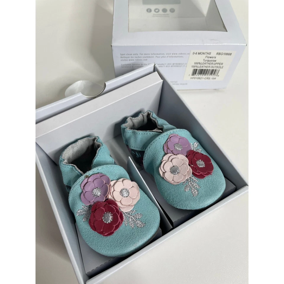 NUEVO Mocasines de Cuero Robeez 0-6 Mo Flores Florales Turquesa  Foto 2 de 4
