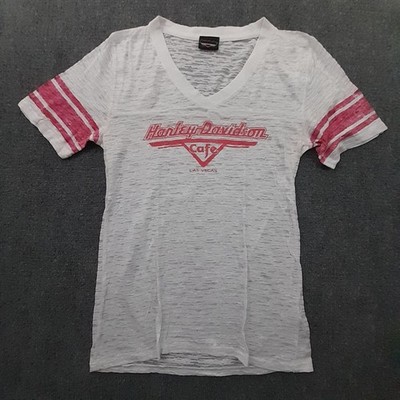 Vintage Harley Davidson Cafe T Shirt Womens L Las Vegas White Sheer Red Stripes