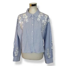 Christian Lacroix Size M Long Sleeve Crop Shirt Blue Striped Floral Embroidered