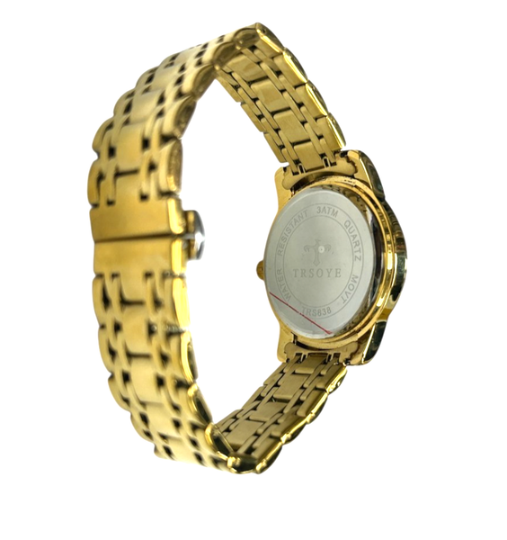 TRSOYE tono dorado cuarzo día-fecha esfera dorada pulsera de acero inoxidable reloj de vestir 4
