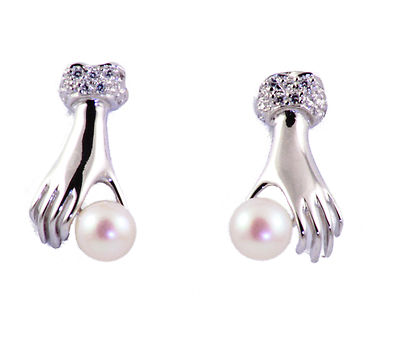925 Plata de Ley Cultivada Agua Dulce Blanco Pearl Mujer Mano Pendientes de Boda