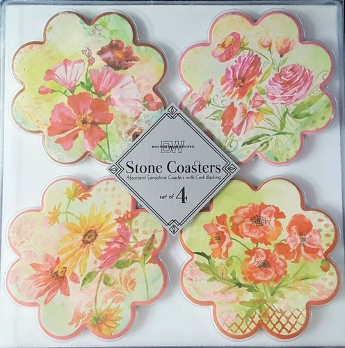 Sottobicchieri in pietra a forma di bellezza da giardino con supporto in sughero set di 4 di Boston Warehouse - Foto 1 di 9