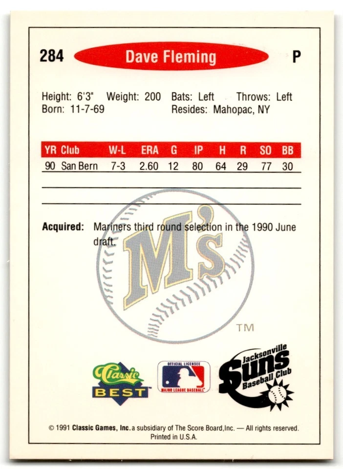 1991 Classic Best Dave Fleming Jacksonville Suns #284 - Image 2 of 2