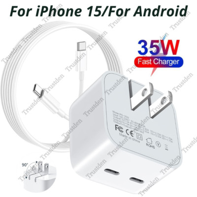 For iPhone 15 Pro Androoid Dual USB-C Fast Charge PD 35W Power Block Type C Cord