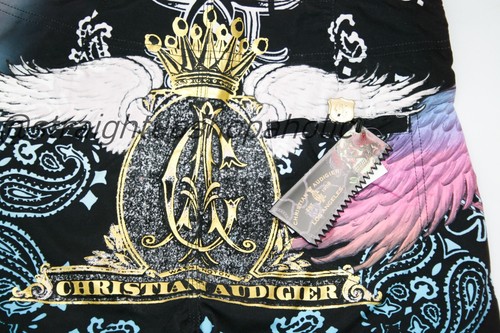 Christian Audigier "Blow Smoke" Board Shorts Size 33 Black Vintage Ed Hardy NWT - Picture 11 of 13