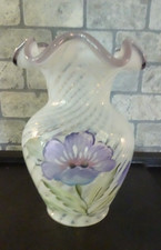 Fenton Art Glass Spiral Optic Opalescent Lilac Crest Handpainted Flower Vase