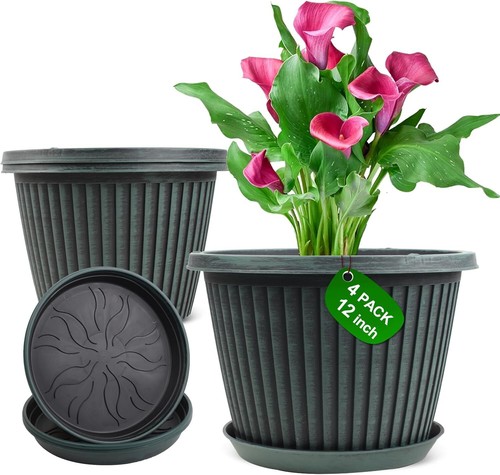 12 inch Plant Pots Indoor Outdoor, 4 Pack Large Planter, Plastic Flower Pots