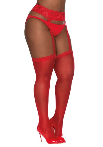 Women's Plus-Size Sheer Garter Belt and Stockings Set Red One Size/Queen - Picture 2 of 3