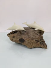 John Perry Sculpture 2 Dolphins 7" Burl Wood Base Vintage