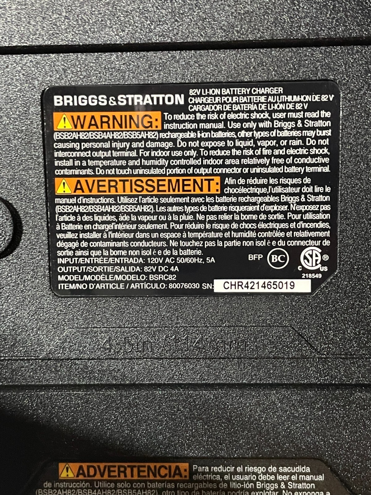 NEW Briggs & Stratton 82V MAX Lithium-ion Battery Rapid Charger for Snapper