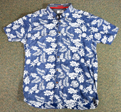 Vtg Kangaroo Poo Mens XXL Hawaiian Tropical Floral Blue/White Button Down Shirt