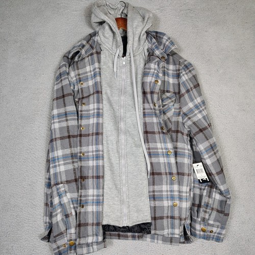 Grizzly Jacket Men Large Dark Gray Plaid Quilted Line Flannel Hooded Outdoor NWT - Picture 3 of 15