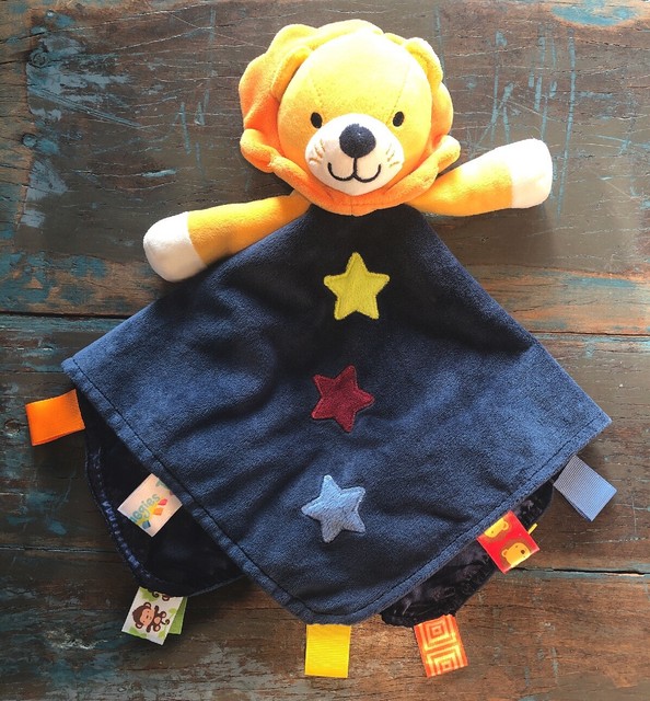 Taggies Lion Lovey Security Blanket Stars Blue Orange Silky Underside