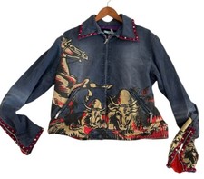 Vtg VOYAGE PASSION Womens Studs Rhinestones Denim Jacket Rural Horse Bull Scene