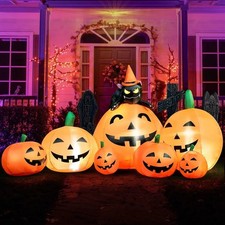 7Ft Halloween Inflatable Pumpkin Patch Decoration with Witch Cat LED Lights