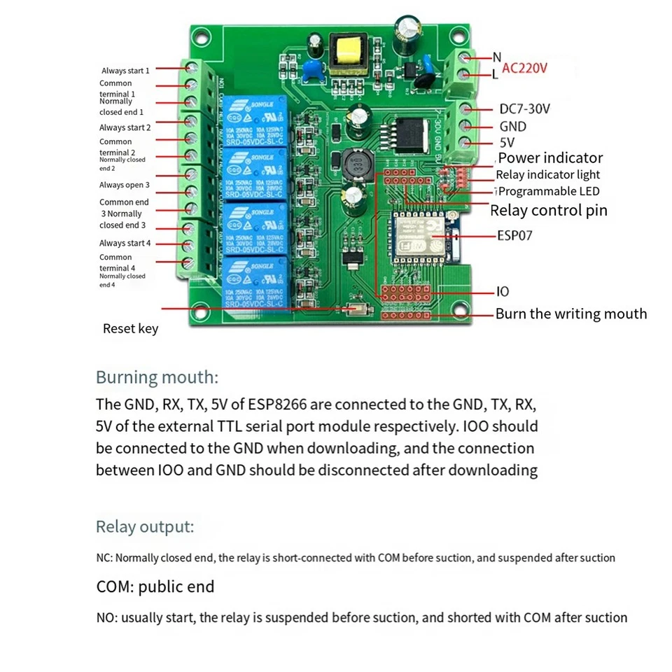 Module de Relais ESP-07 Module WIFI 4 Voies Alimentation  Carte de Dév2858 - Photo 2/4