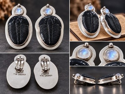VERY Rare Margaret Thurman  Echo of the Dreamer  925 Trilobite Moonstone Earring