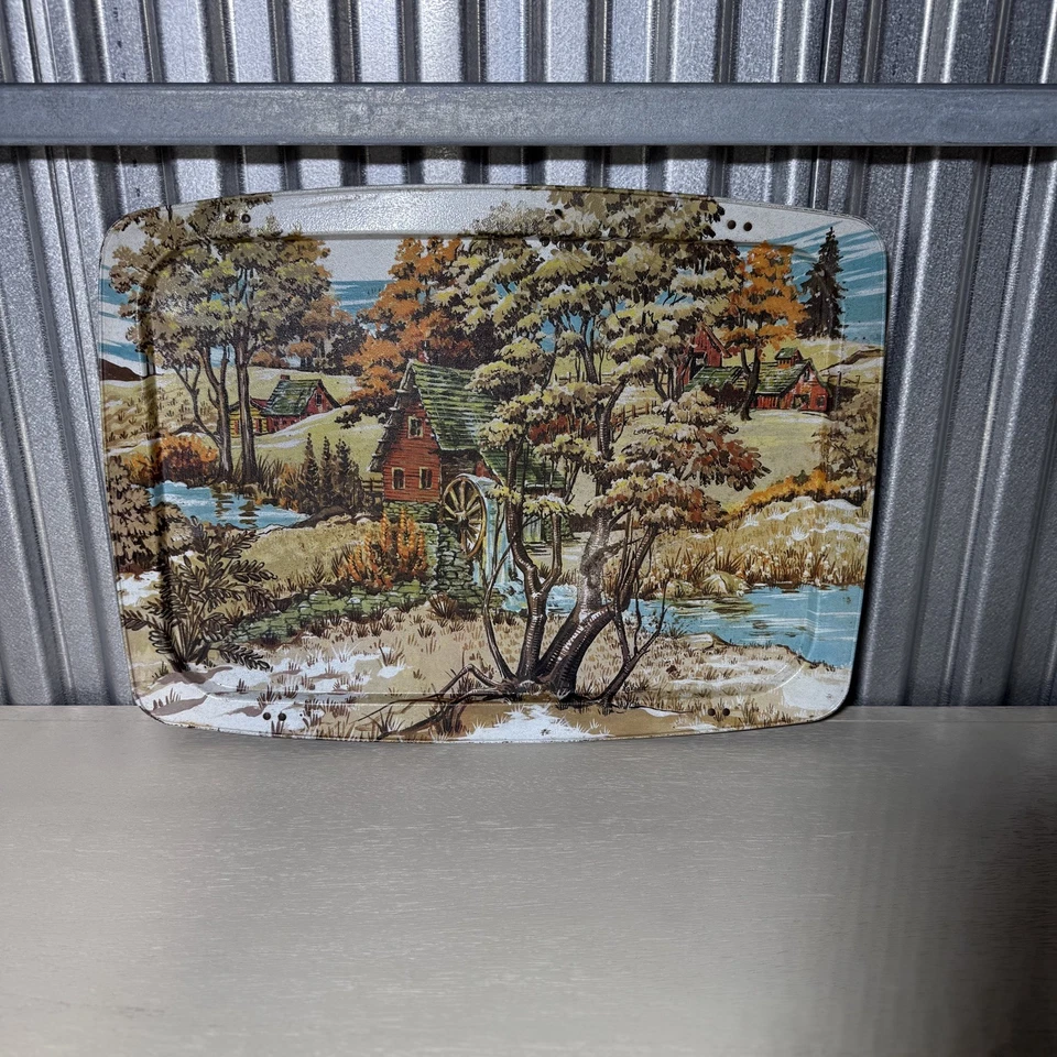 批量 3 张 MCM 复古折叠电视托盘桌 ca. 1970年,风景托盘,金腿 — 第 3/4 张图片