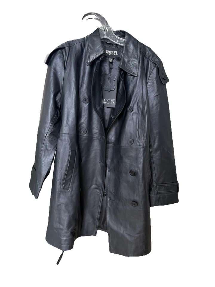 Gabardina Badgley Mischka negra de cuero genuino con cinturón nueva con etiquetas Foto 2 de 4