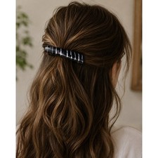 Vintage Made in France Black and Silver Striped Rectangular Hair Barrette Clip