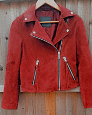 New  All Saints Suede Dalby Biker Jacket Cherry Oak Red Size UK 8