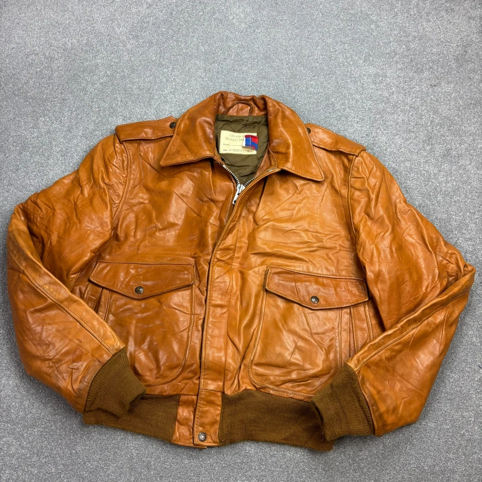 Schott Leather Flying Jacket Adult Large Brown Bomber Aviator Military USA Mens* - Image 2 of 4