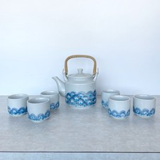 Vintage Otagiri Ceramic Stoneware Japanese Tea Set w/ 6 Cups Blue Seikaiha Wave
