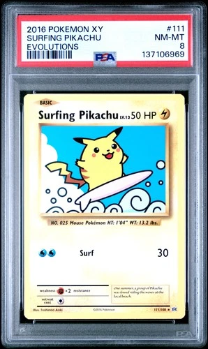 2016 POKEMON XY EVOLUTIONS #111 SURFING PIKACHU PSA 8