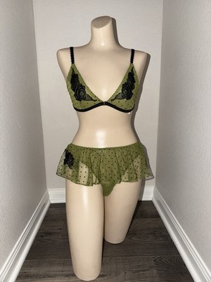 Victoria's Secret Sheer Mesh Polka Dot Wireless Bralette Set L D Green/Black