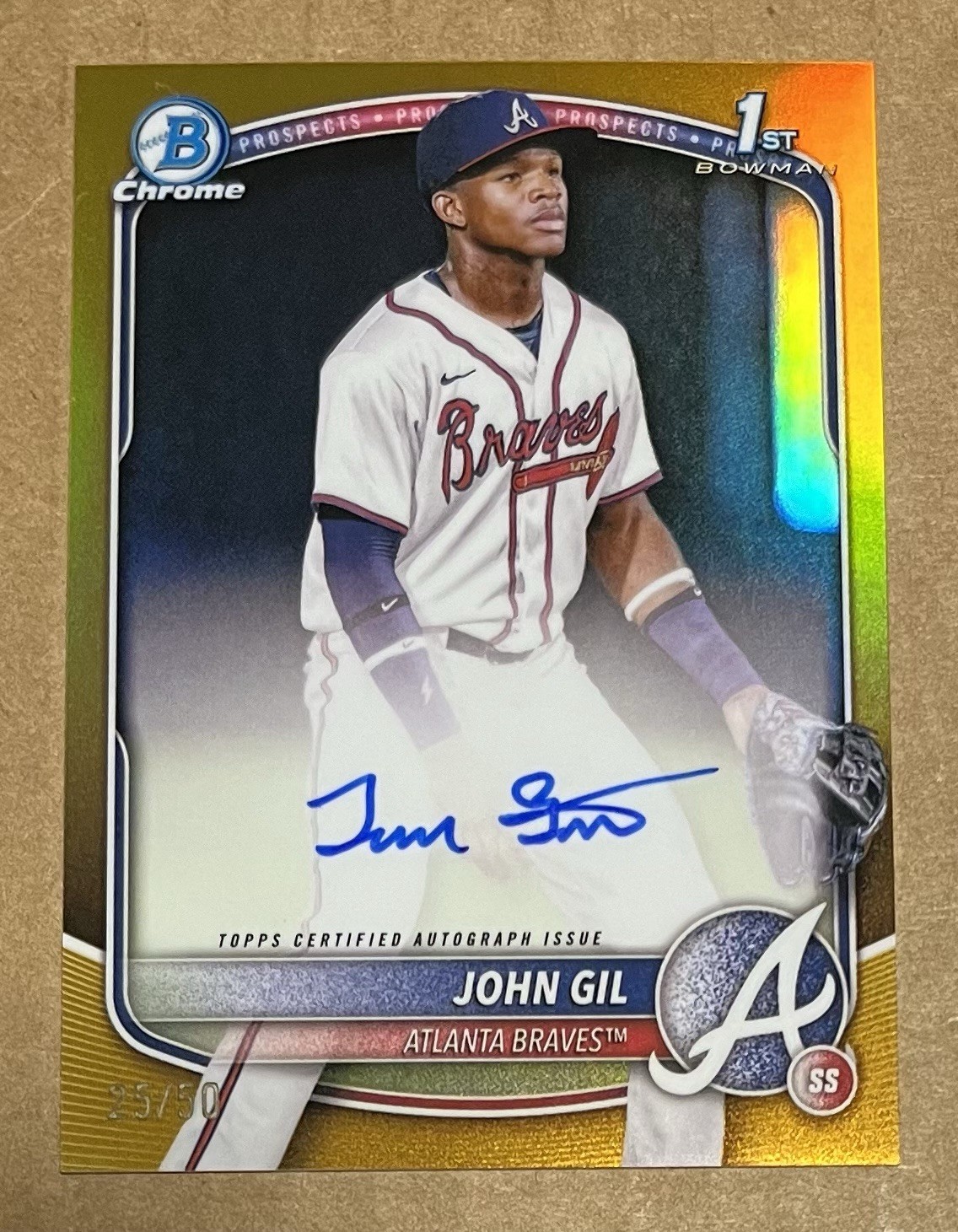 2025 Bowman Chrome 1st John Gil True Gold Refractor Auto /50 Rookie RC Braves SP
