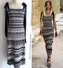 CHANEL 18C PARIS GREECE BLACK BEIGE KNIT MIDI DRESS 38