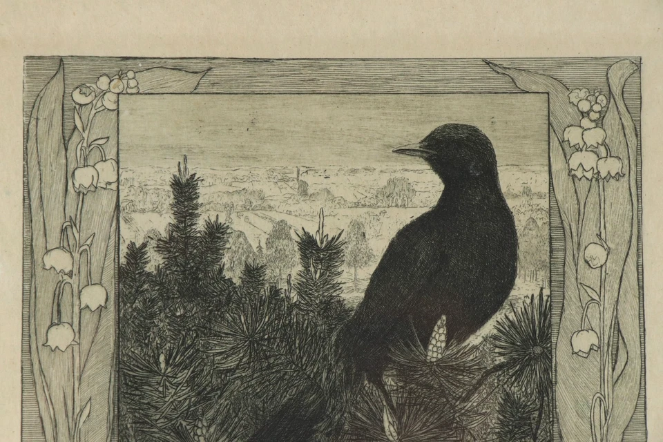 HEINRICH VOGELER Tannenzweige mit Amsel Jugendstil Radierung art nouveau etching - Bild 3 von 4