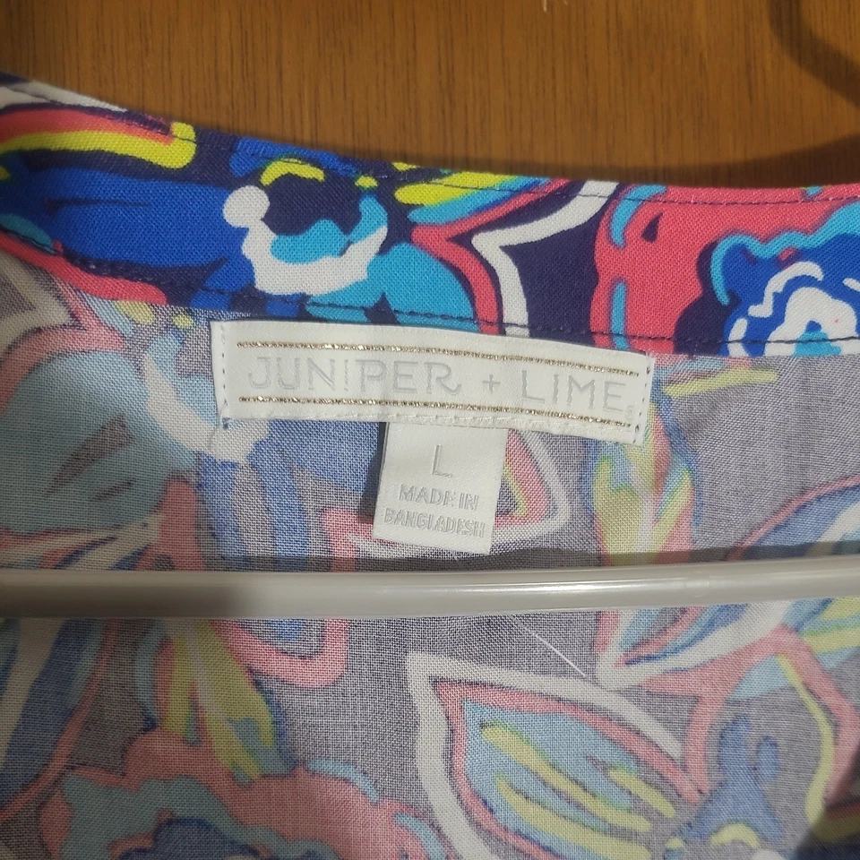 Juniper + Lime Floral Button Up Shirt Sz L | cap Sleeve - Image 2 of 4