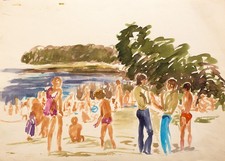 DDR Kunst - Ingeborg M.-Grabowski Aquarell "Strandleben am Müggelsee" um 1960