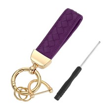 Leather Car Keychain, 5" Key Chain with D Ring and Gold Key Ring, Purple