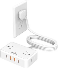 Flat Plug Extension Cord, 6 Ft Ultra Thin Power Strip with 4 AC 6 Ft, White 