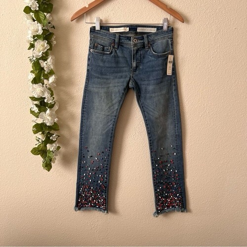 NWT $158 24P Anthropologie Petite Mid Rise Crop Slim Straight Beaded Crop Jeans - Picture 2 of 11
