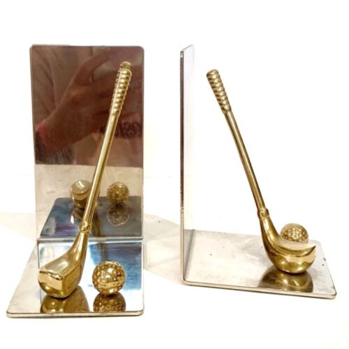 Vintage Golf Book Ends Gold-Coloured Metal Clubs Ball Fathers Day Dad Office - Picture 1 of 9