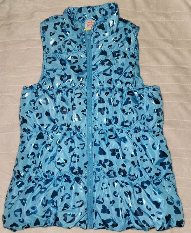 Faded Glory Girl's Technisea Blue Shiny Leopard Zip Front Puffer Vest XL (14-16)