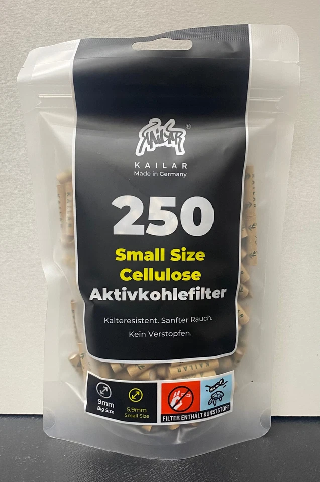Kailar - Cellulose Slim Aktivkohlefilter ø 6mm - 250 Stück ungebleicht + 2x Papi