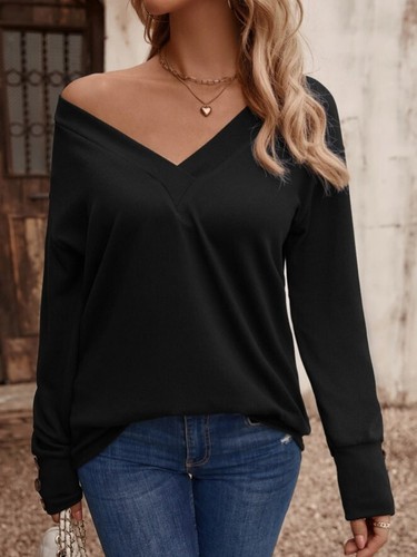 Ladies Casual V Neck Long Sleeve Pullover Solid Tee shirts Tops Blouse Plus Size - Picture 14 of 37