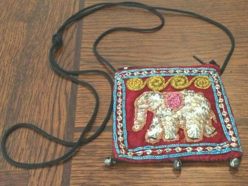 Small Square Boho 4" Pouch Puffy Elephant w/Sequins Bells Cord String Strap