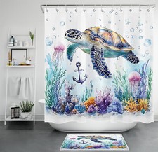 Underwater Ocean Animal Blue Sea Turtle Shower Curtain Bathroom Accessories Set