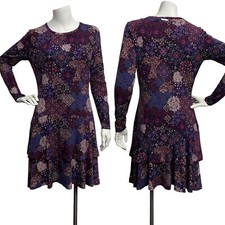 MICHAEL Michael Kors Patchwork Tiered Layer Hem Dress Long Sleeve Retro Festival
